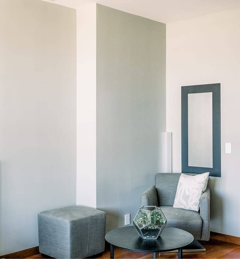 Creamos espacios personalizados Salón con puff, sillón con un cojín blanco, una mesa con una planta en un recipiente futurista y un espejo. todo gris.