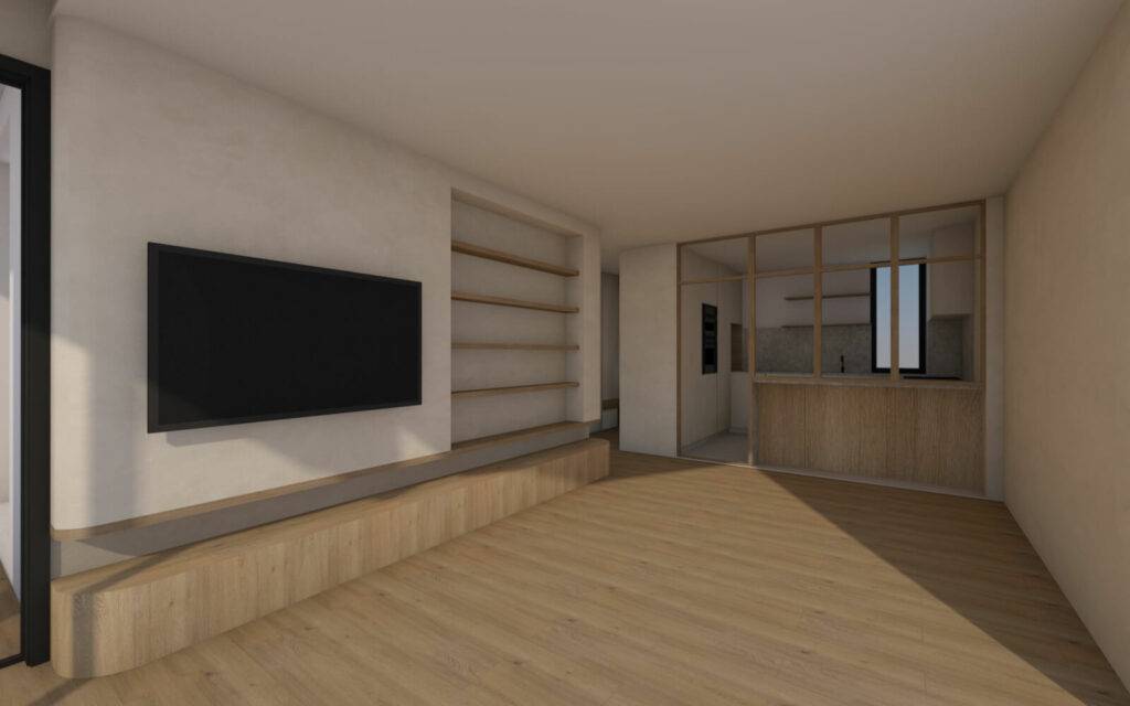 Salón espacioso con suelo de parqué, sin muebles y con TV grande