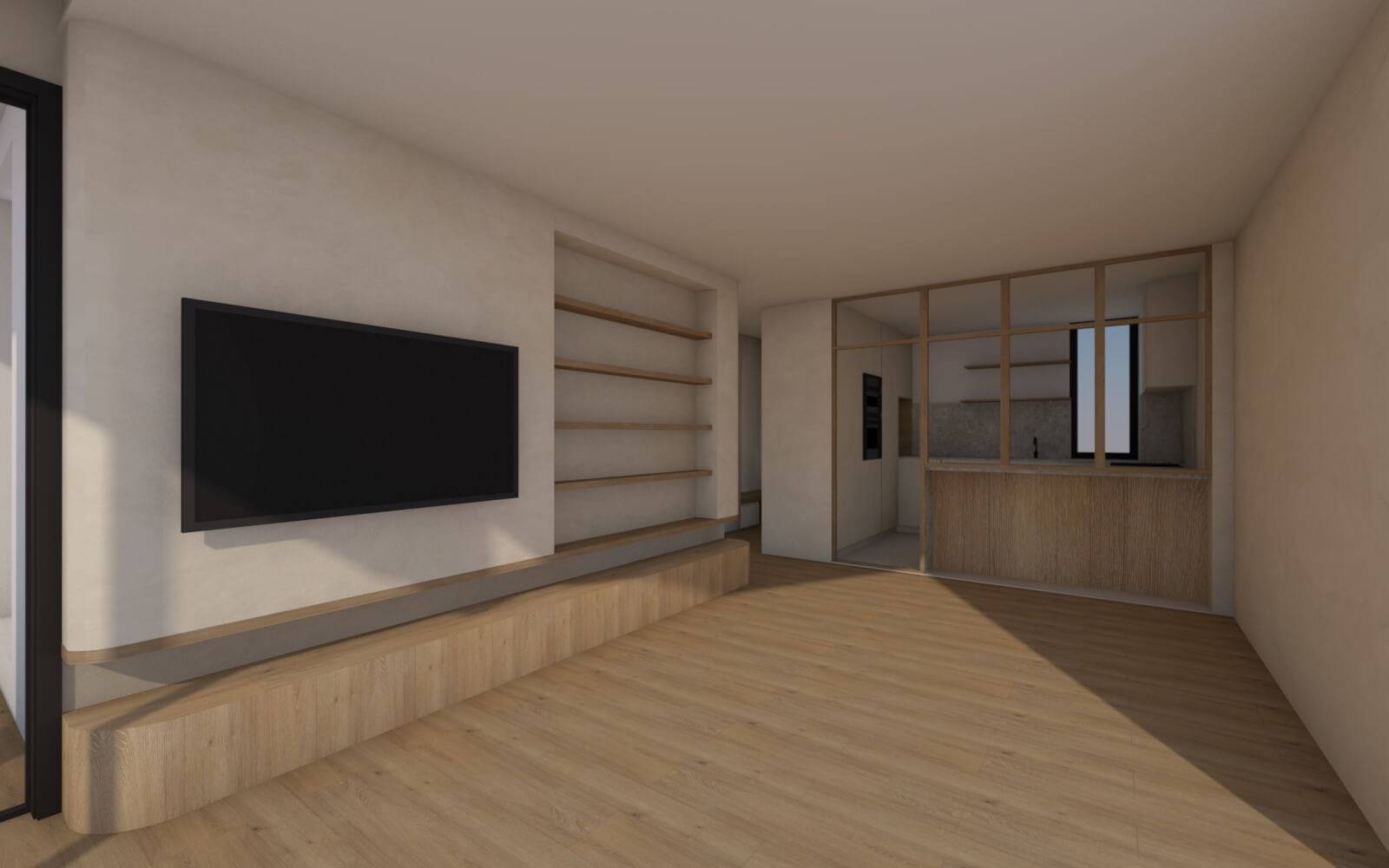 7 Salón espacioso con suelo de parqué, sin muebles y con TV grande