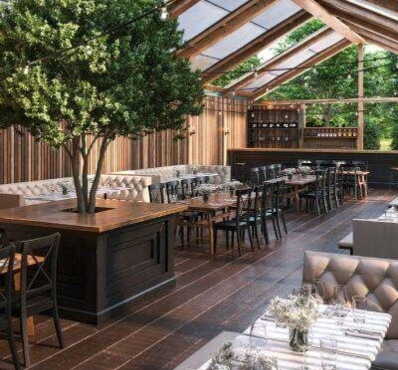 Empresas de diseño de interiores creando un espacio comercial con comedor cubierto, madera natural, vegetación y mobiliario acogedor de Alba Ruiz Interiorismo