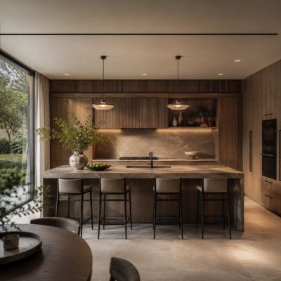 Diseño de interiores en Granada para cocina moderna con isla central y acabados naturales