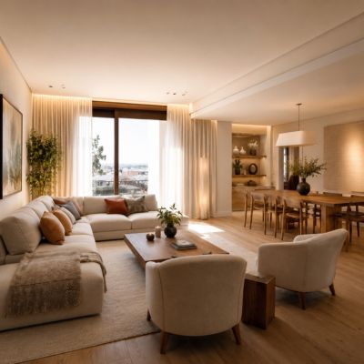 Interiorismo en Granada para vivienda con salón comedor luminoso y materiales naturales