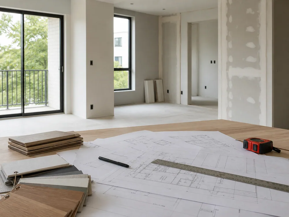 Planificación de obra con planos y muestras de acabados