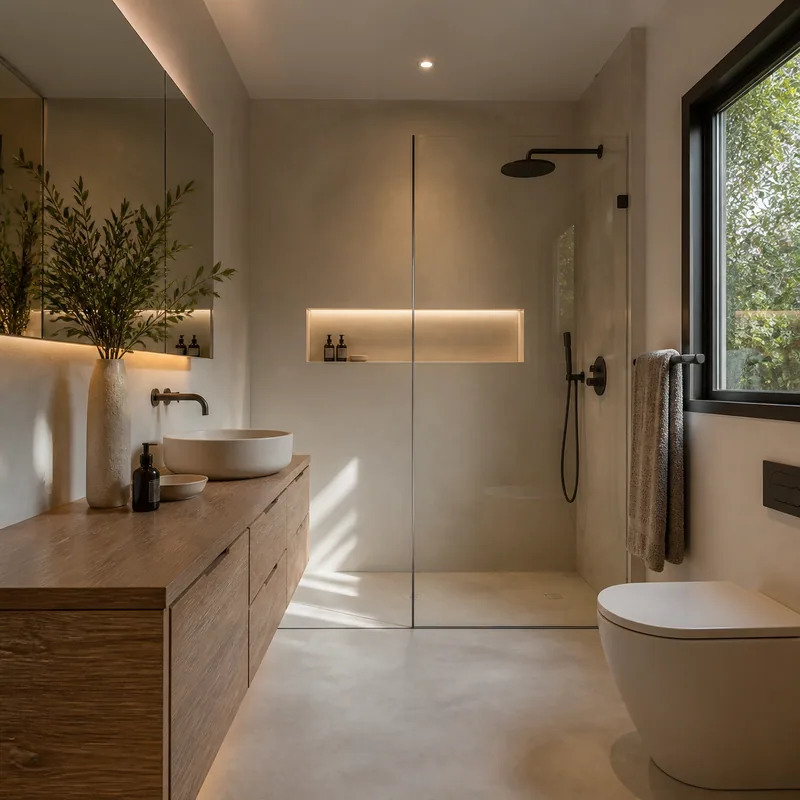 Baño renovado con microcemento y mobiliario a medida